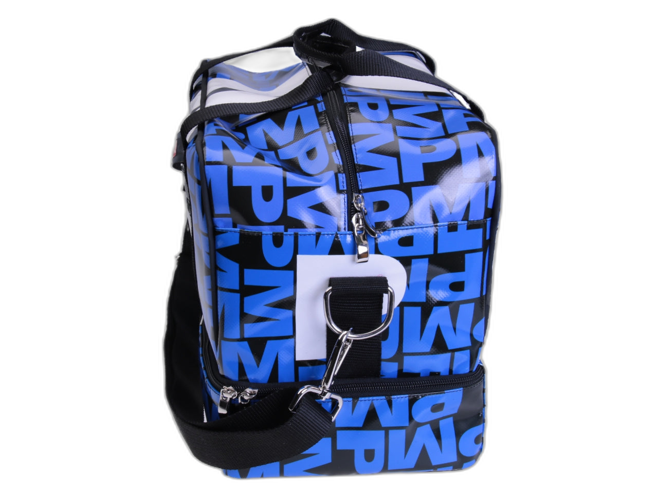 HAND LUGGAGE BAG BLACK, BLUE AND WHITE 40 X 20 X 25 CM. MODEL FLYME MADE OF LORRY TARPAULIN.