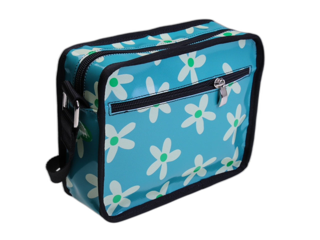 ..BORSA A TRACOLLA GENDERLESS VERDE ACQUA CON FANTASIA FLOREALE. MODELLO FRIK REALIZZATO CON TELONI DI CAMION.
