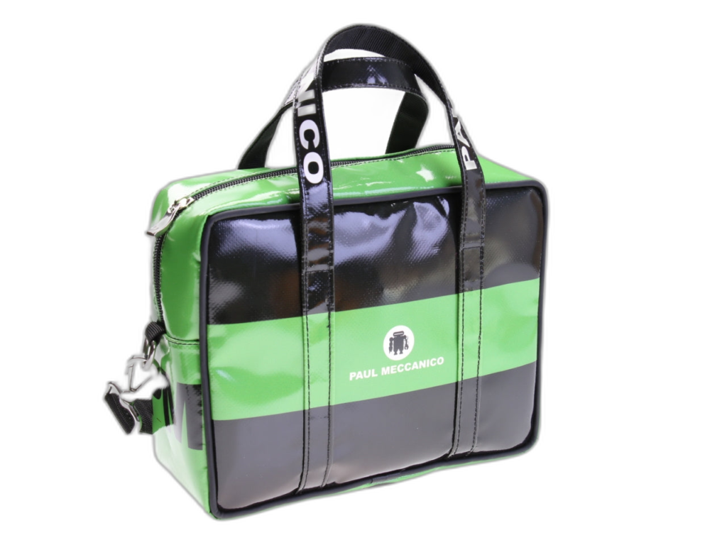 .... BORSA DA DONNA RETTANGOLARE NERA E VERDE. MODELLO PINCA IN TELONE DA CAMION.