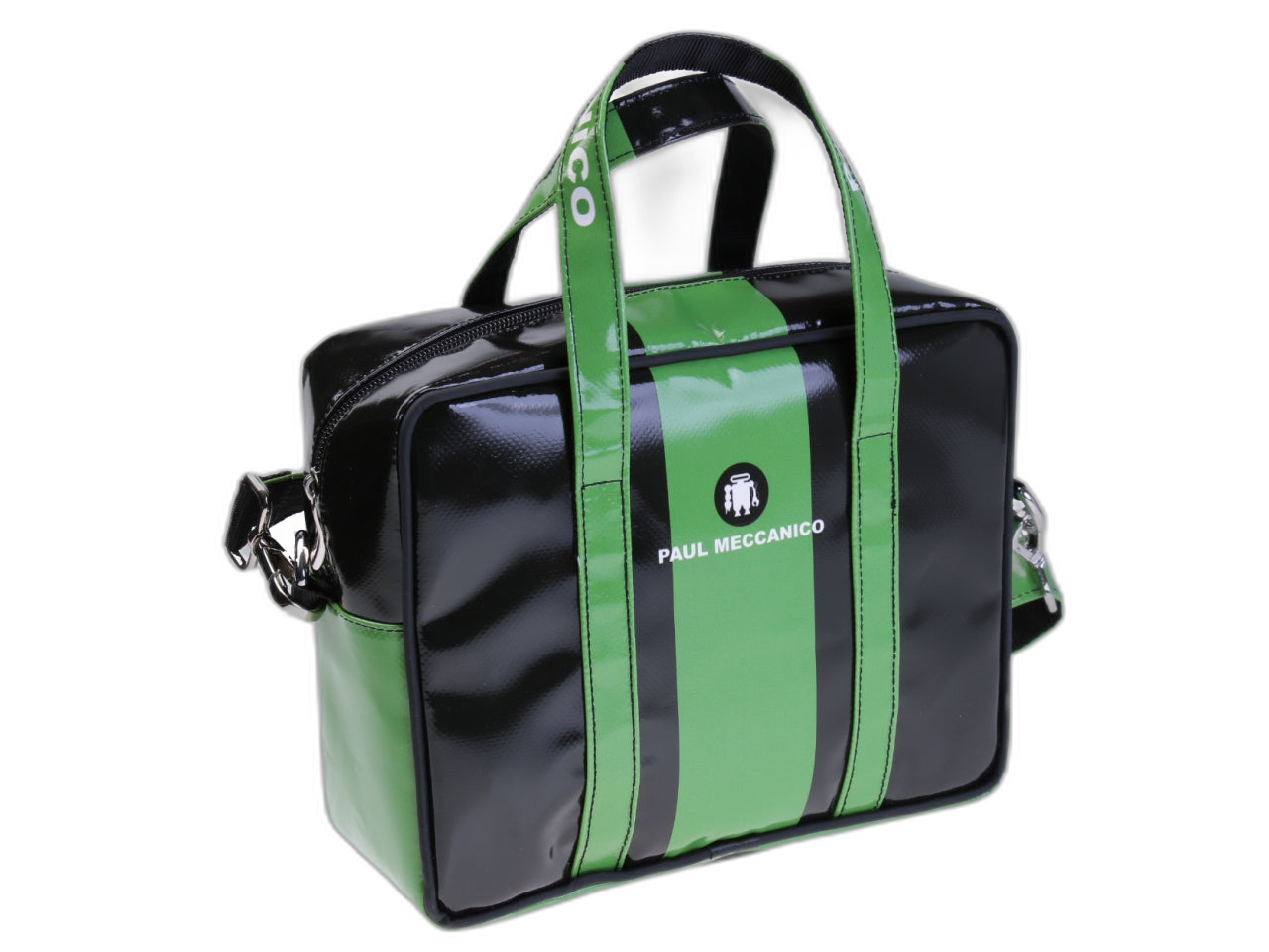 BORSA RETTANGOLARE DA DONNA NEI COLORI NERO E VERDE SCURO. MODELLO PINCA IN TELONE DA CAMION.