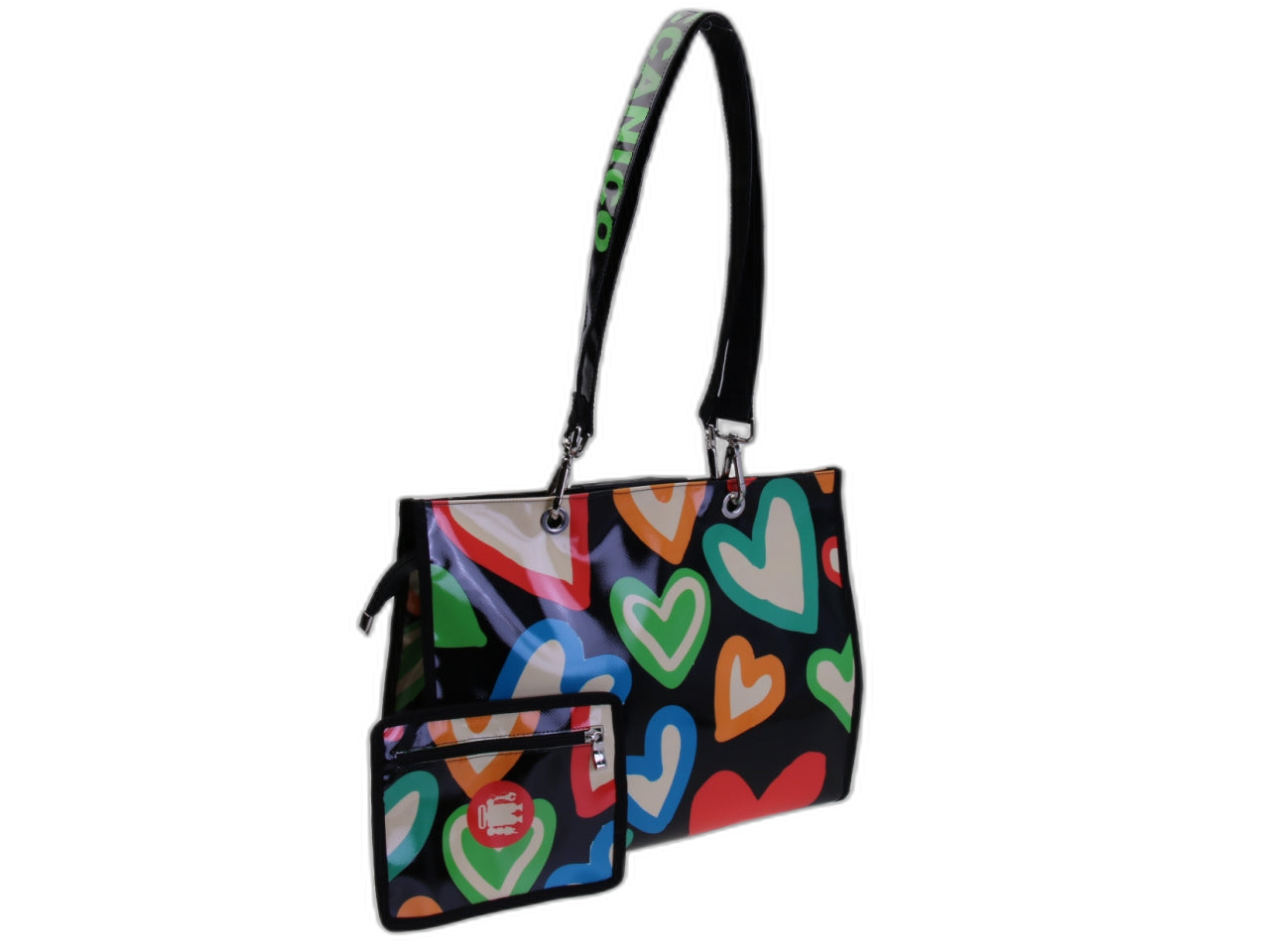 BORSA SHOPPER NERA "CUORI". MODELLO DI PEPE REALIZZATO CON TELONI DI CAMION.