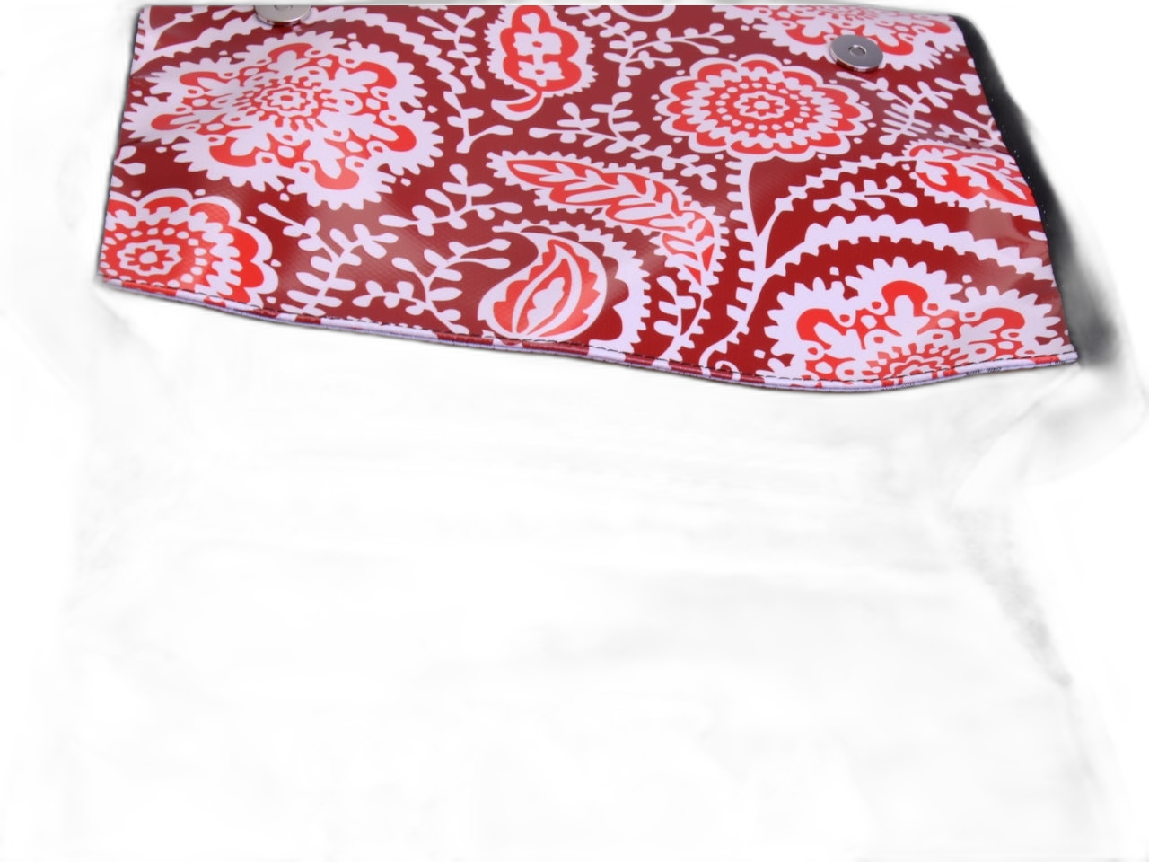 _ CROSSBODY BAG RED WITH MAJOLICA FANTASY. MODEL BREAK MADE OF LORRY TARPAULIN.