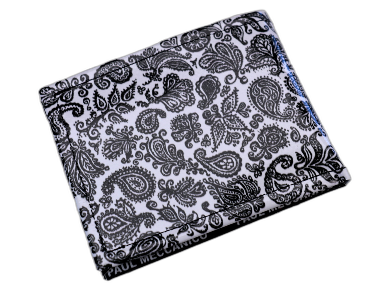 PORTAFOGLIO DA UOMO IN BIANCO E NERO CON FANTASIA PAISLEY. MODELLO CRIK REALIZZATO CON TELONI DI CAMION. - Edizione limitata Paul Meccanico