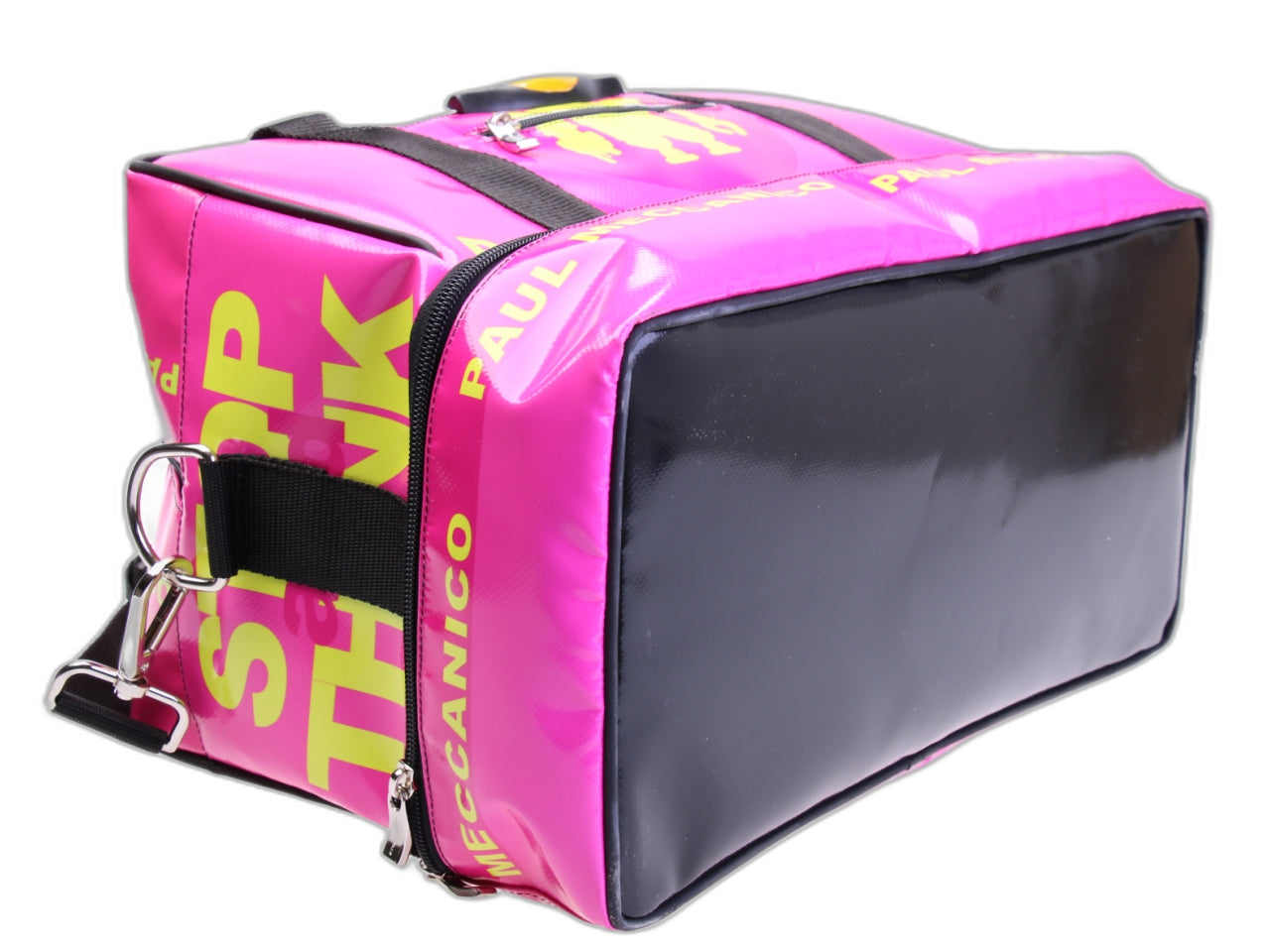 FUCHSIA HAND LUGGAGE BAG 40 X 20 X 25 CM. MODEL FLYME MADE OF LORRY TARPAULIN.