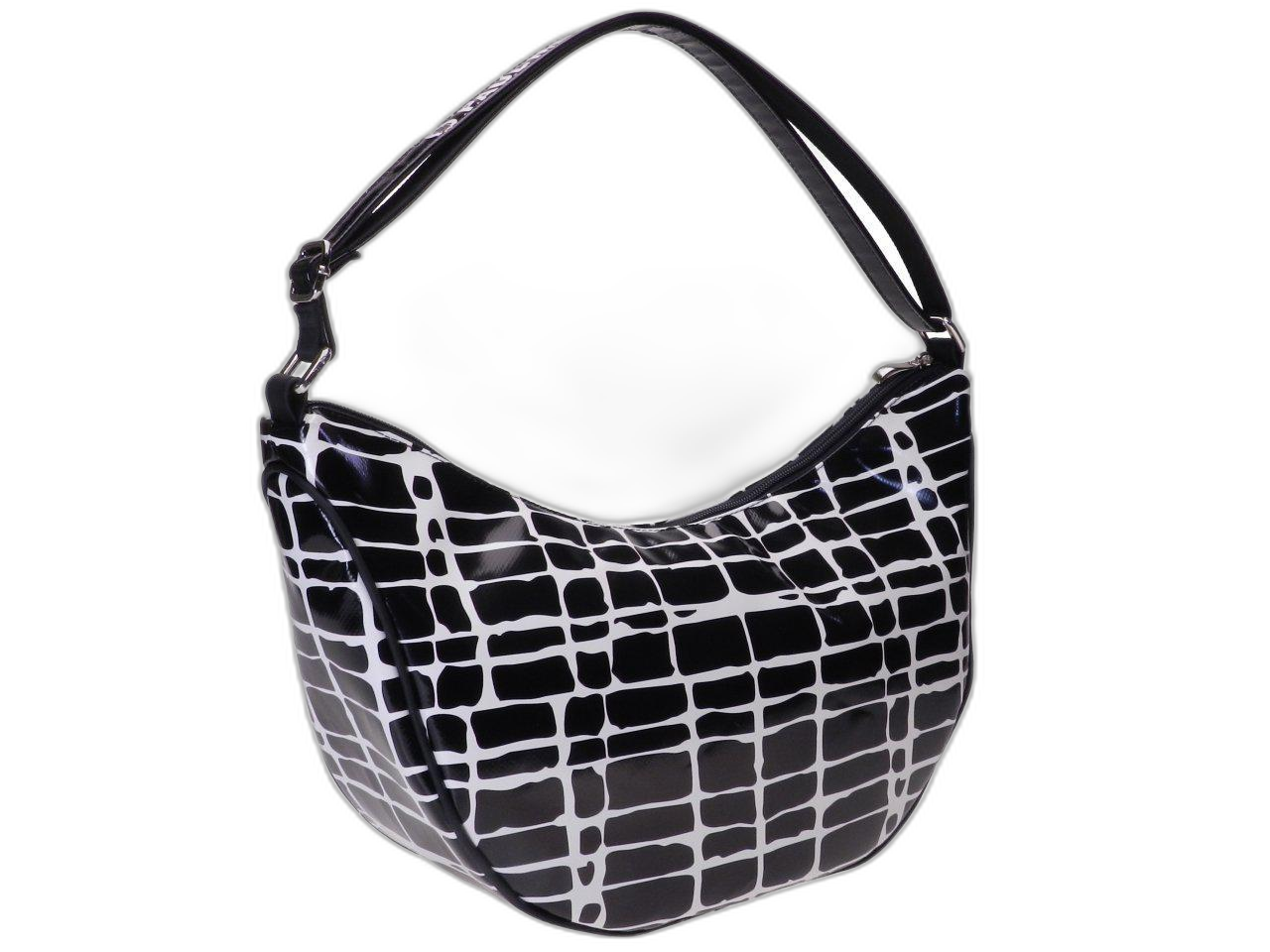 BORSA A MEZZALUNA FANTASIA IN BIANCO E NERO. MODELLO SPACCATO REALIZZATO CON TELONI DI CAMION. - Edizione Limitata Paul Meccanico