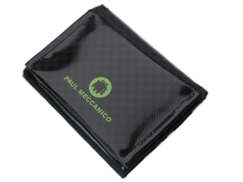 PORTAFOGLIO UNISEX NERO, GRIGIO E VERDE CON SCRITTE FANTASIA. MODELLO TREK REALIZZATO CON TELONI DI CAMION. - Edizione limitata Paul Meccanico