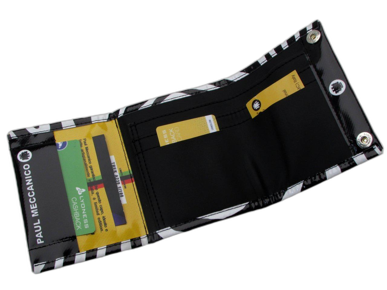 WOMAN WALLET BLACK AND WHITE COLOURS ANIMALIER FANTASY. MODEL TREK MADE OF LORRY TARPAULIN. - Paul Meccanico