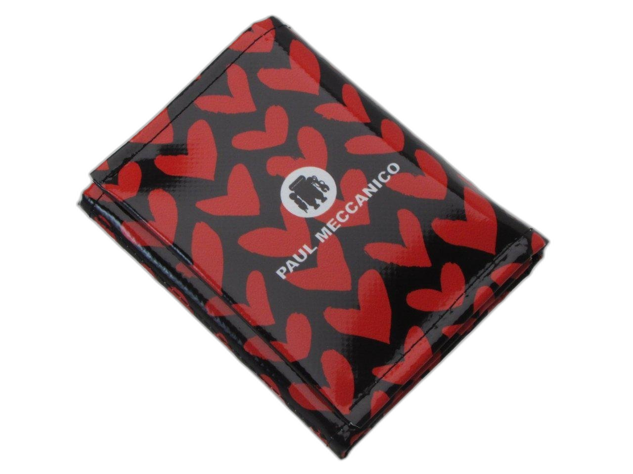 PORTAFOGLIO DA DONNA NEI COLORI ROSSO E NERO CON STAMPA DI CUORI. MODELLO TREK REALIZZATO CON TELONI DI CAMION. - Paul Meccanico