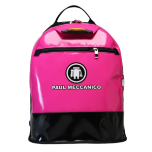 SUPER backpack in fuchsia pink and black with white print, front view